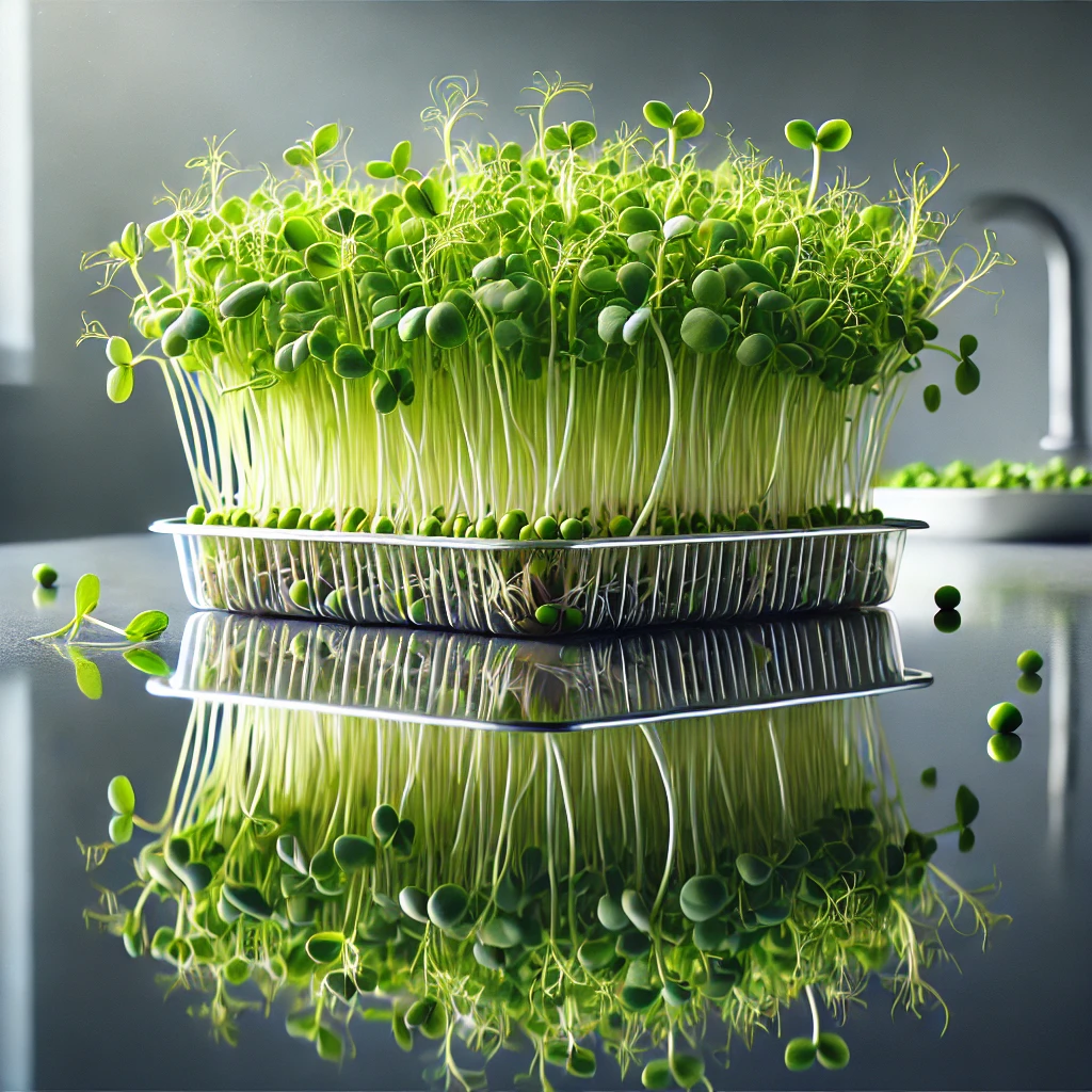 tray with sprouting pea microgreens